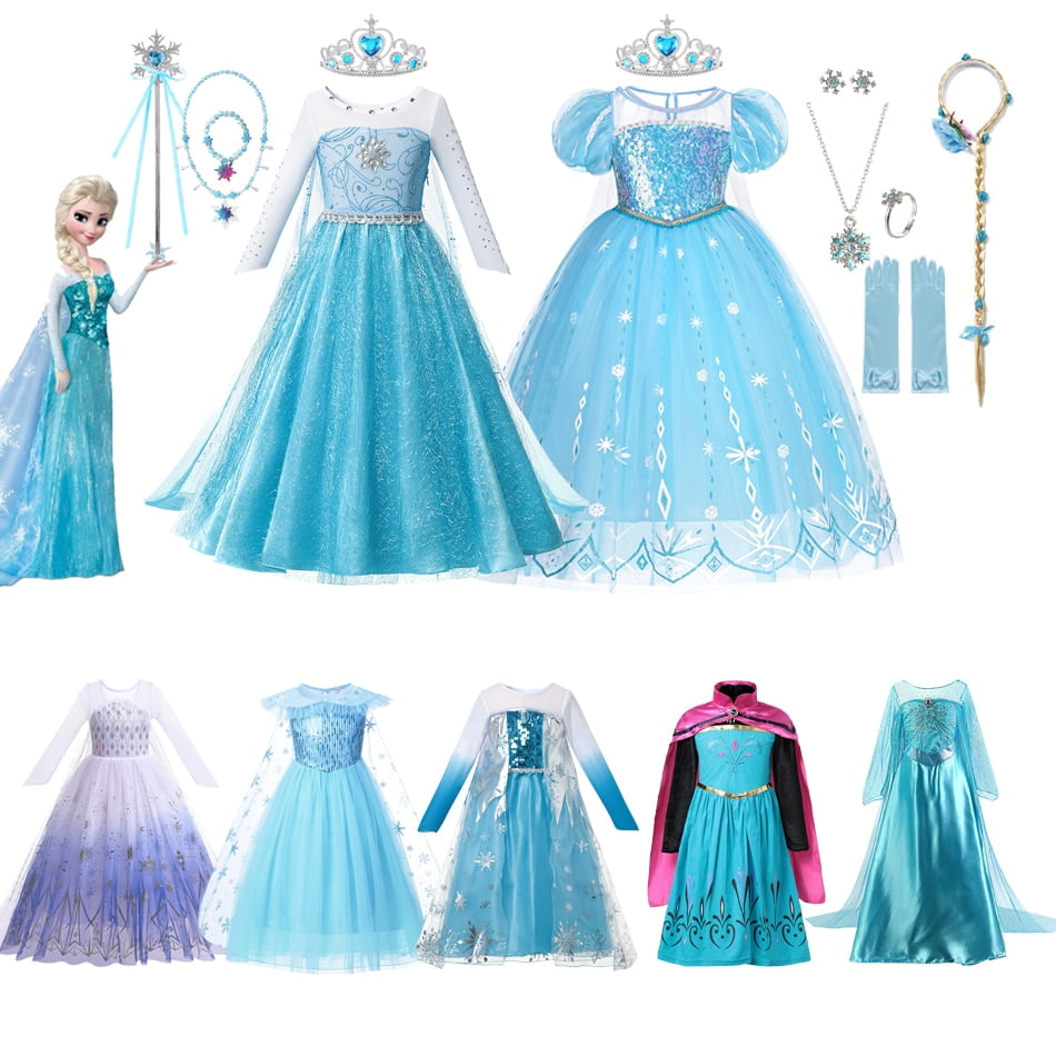 Disfraz De Elsa Para Niña – Vestido Princesa Con Tiara, Varita, Guantes, Collar, Pendientes, Pulsera Y Trenza, Talla 120 (4-6 Años), Azul, Ideal Para Halloween Y Cosplay