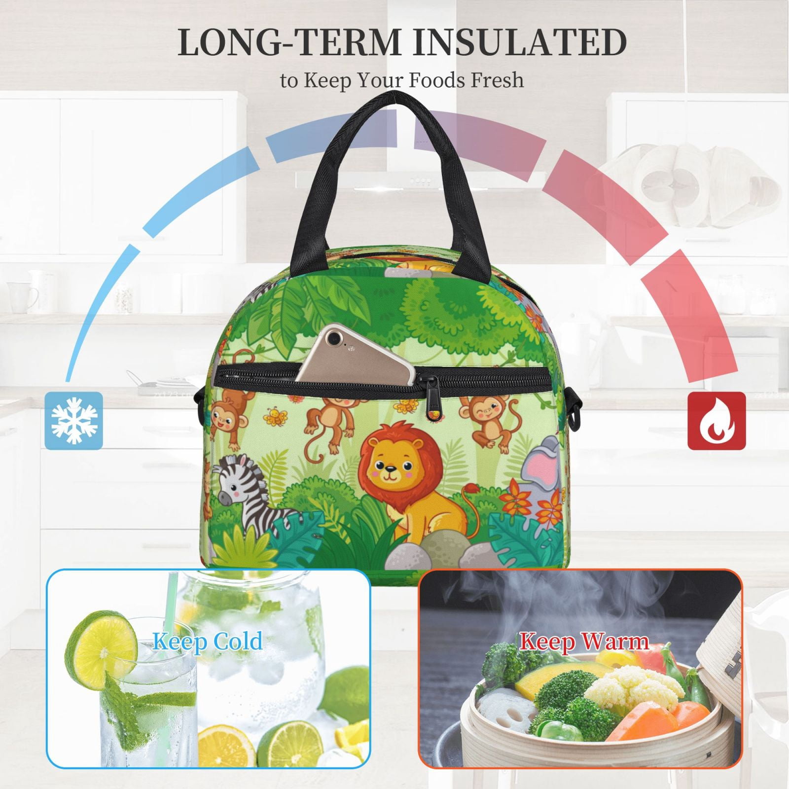 Xecao African Animals in the Jungle Print Insulated Lunch Box, Lunch Cags Lunch Bag Featuring An Adjustable Shoulder Strap