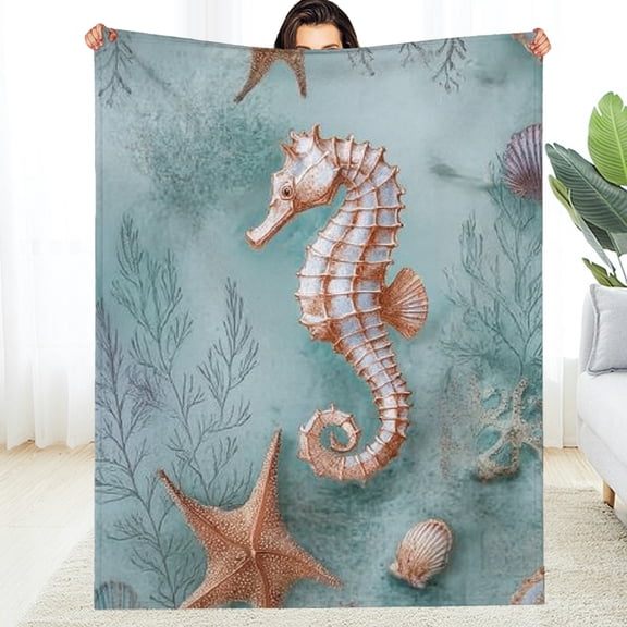 Creowell Coastal Seahorse Throw Blanket for Couch Picnic Camping Bedroom Decor, Marine Coral Starfish Shells Seaweed, Super Soft Cozy Warm Fluffy   Blankets Gifts for Kids Adults,   30*40in