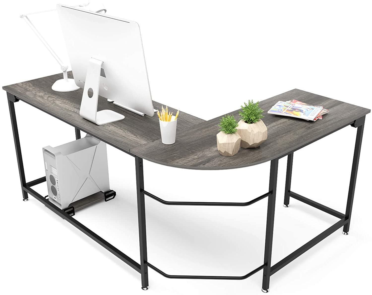 Wooden Corner Computer Desk Home Office L-Shaped Study Gaming Table With Shelves
