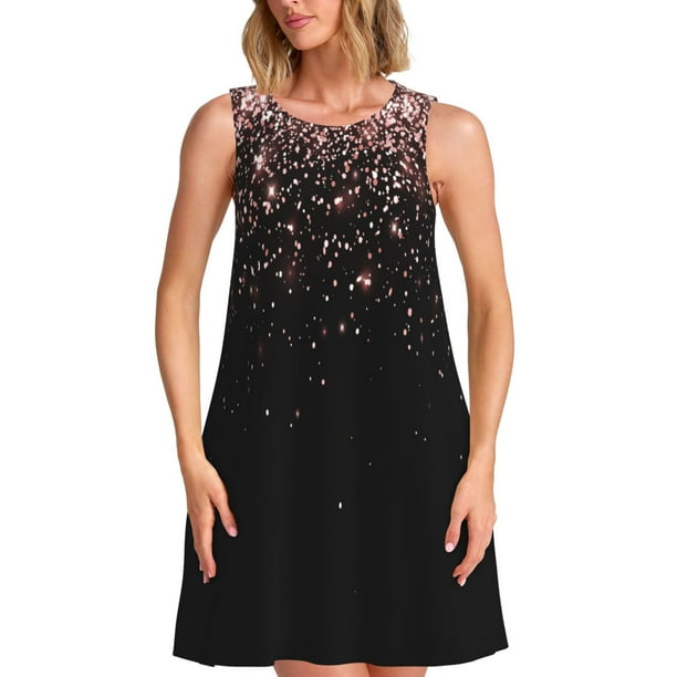 Easygdp Rose Gold Glitter1 para Vestido Transpirable de Mujer, Vestido Suelto de Manga Corta con Pliegues y Bolsillos para el Verano