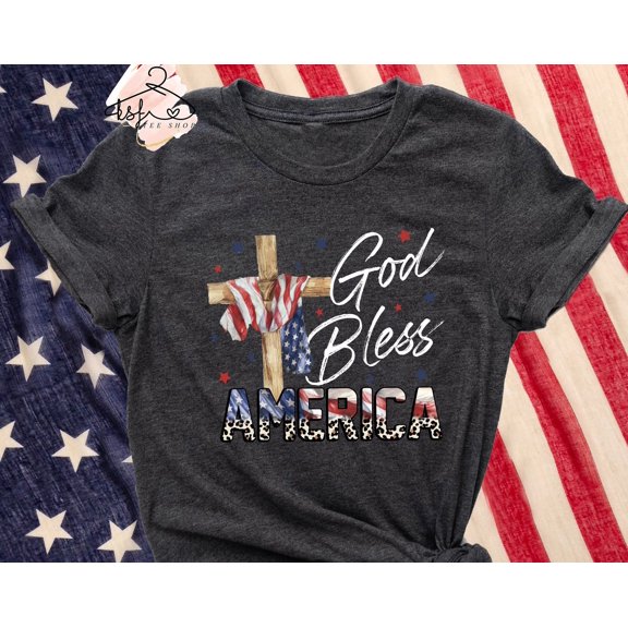 God Bless America Tshirt Cross American Flag 4th of July Gift