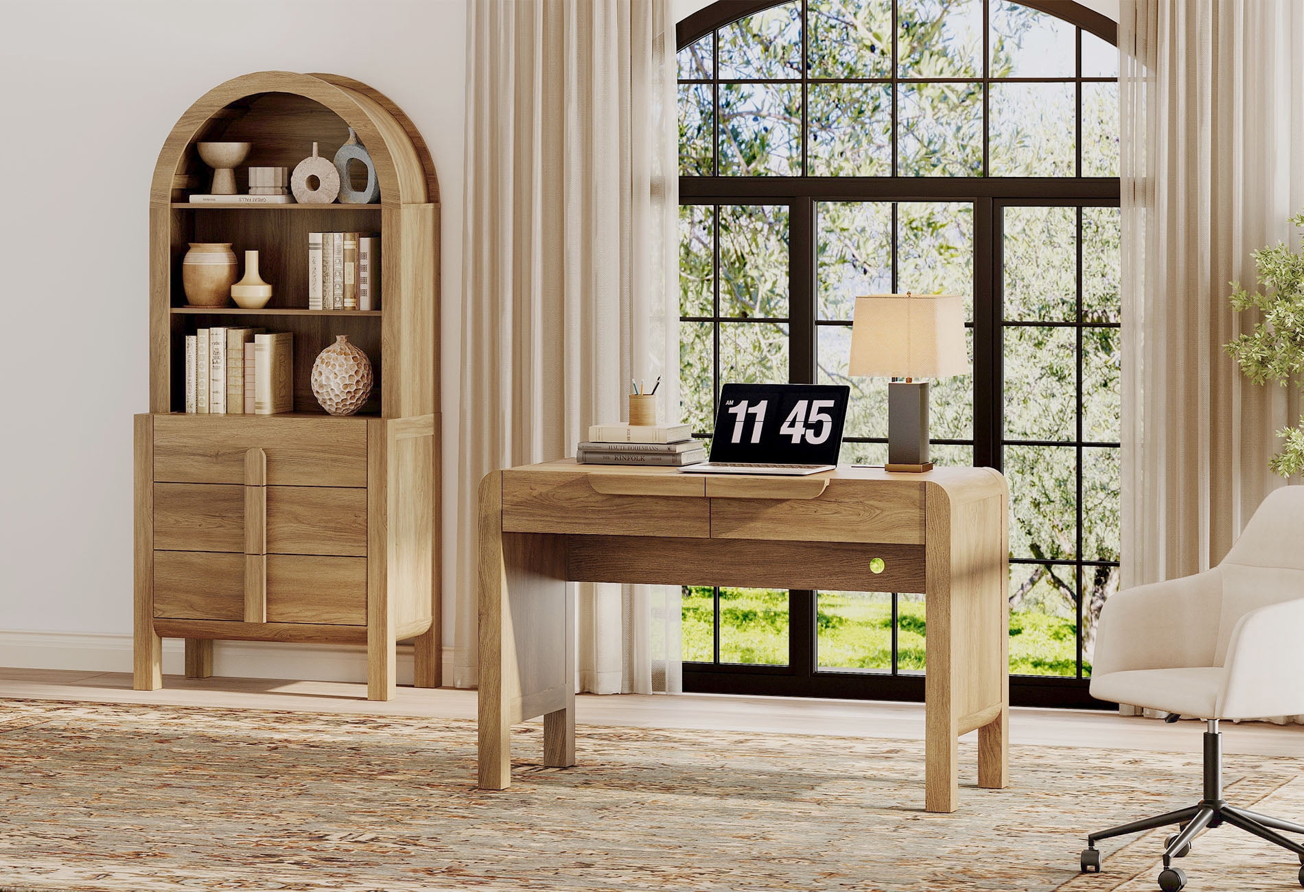 2 Piece Office Set, 47" Modern Executive Desk with Charging Station and Drawers & 71"H Tall 3-Tier Arched Bookcases with Open Storage for Living Room, Bedroom, Home Office
