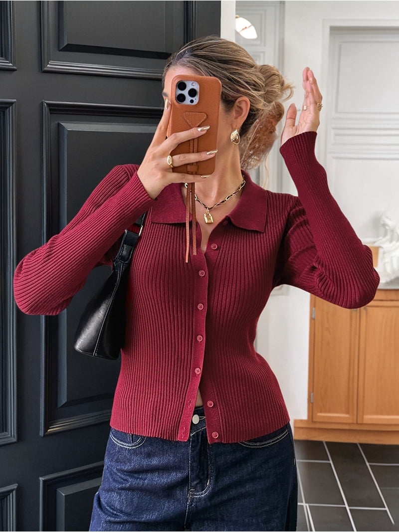 Women Long Sleeve Button Down Ribbed Knit Cardigan Shirt Casual