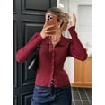 thumbnail image 5 of Women Long Sleeve Button Down Ribbed Knit Cardigan Shirt Casual Slim Fit Collared Sweater Top Dark Red M, 5 of 9