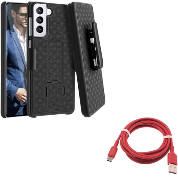 Case Belt Clip w 6ft USB-C Cable for Samsung Galaxy S21 Plus - Holster Swivel Cover, Red Charger Cord Power