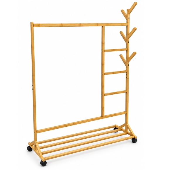 Perchero de Bambú Multifuncional con 2 Cajones y Estantes Laterales, Rack para Ropa Zapatos y Bolsas, para Dormitorio Entrada y Sala, Natural, 150 x 99 x 28 cm