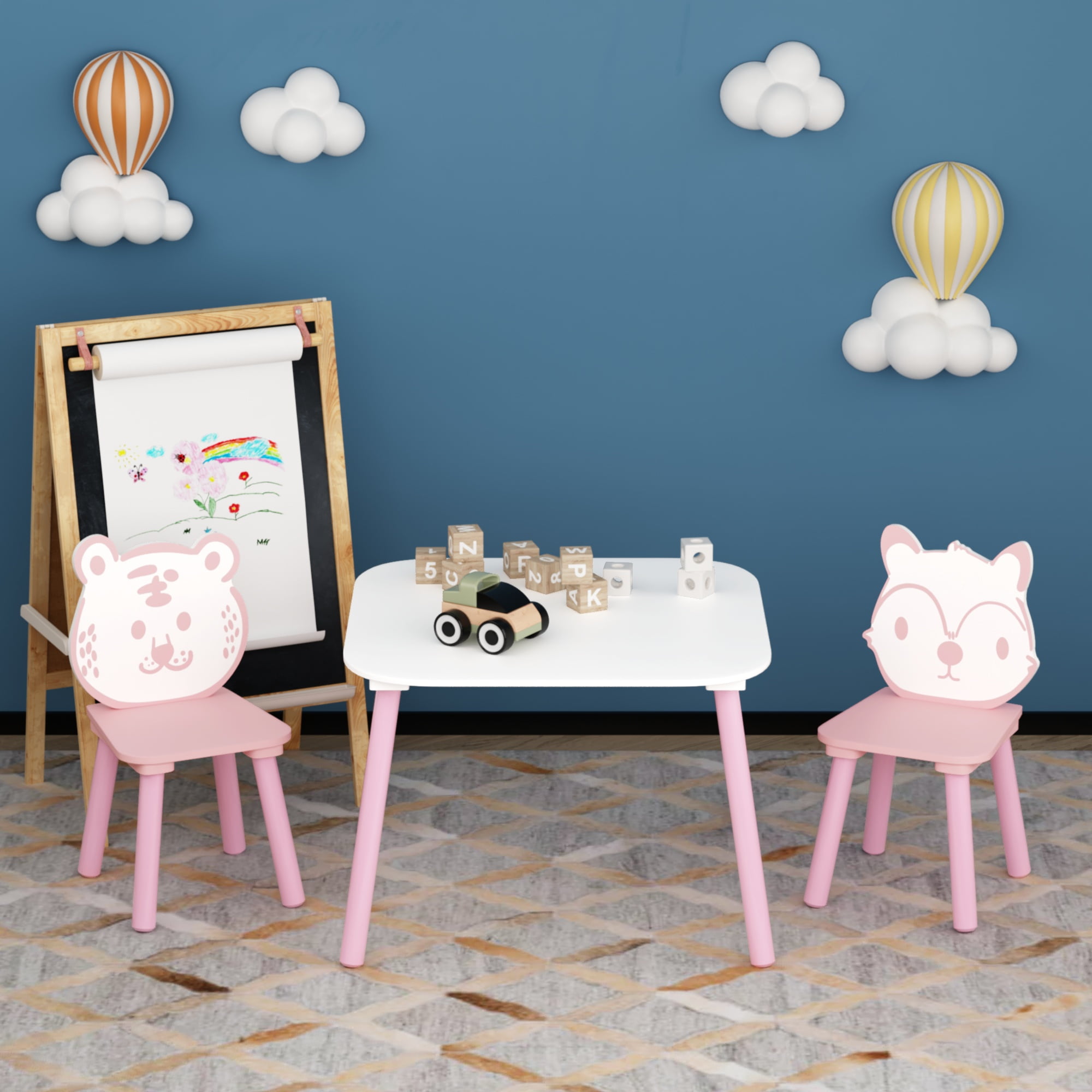 Table and 2 Chairs for Kids 2-5, SHINPT Baby Table and Chair Set, 3 Pieces Toddler Play Table, Kids Art Table and Chair Set for Game Room, Children's Room, Wooden Activity Play Table Set for Gift