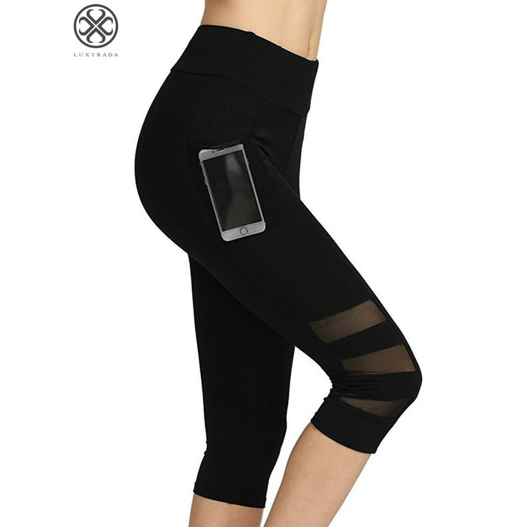 Luxtrada Women's Hight Waist Yoga Pants Mesh Running Pants Capri with Side  Pockets Tummy Control Workout Sports Leggings Size L