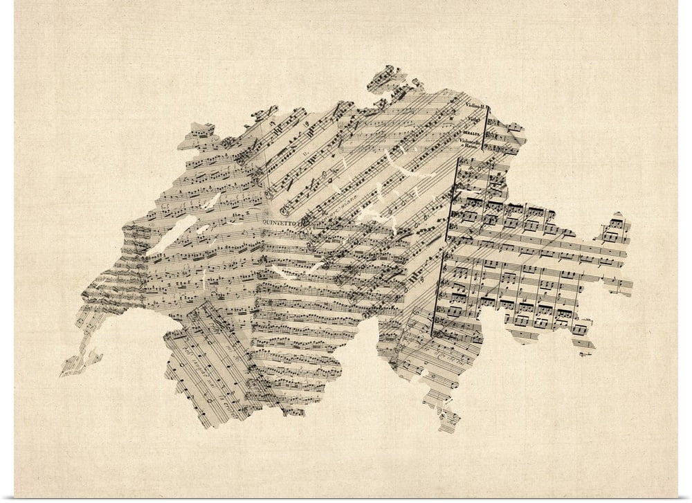 Great BIG Canvas | "Old Sheet Music Map of Switzerland Map" Art Print - 24x18