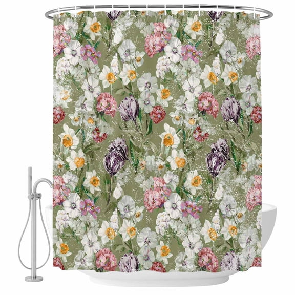Sage Green Botanical Shower Curtain Set - Long 72" x 84" Washable Bathtub Curtain with 12 Hooks, Spring Floral Summer Botanical Vintage Waterproof Fabric Shower Curtains for Bathroom/Bathtub Décor