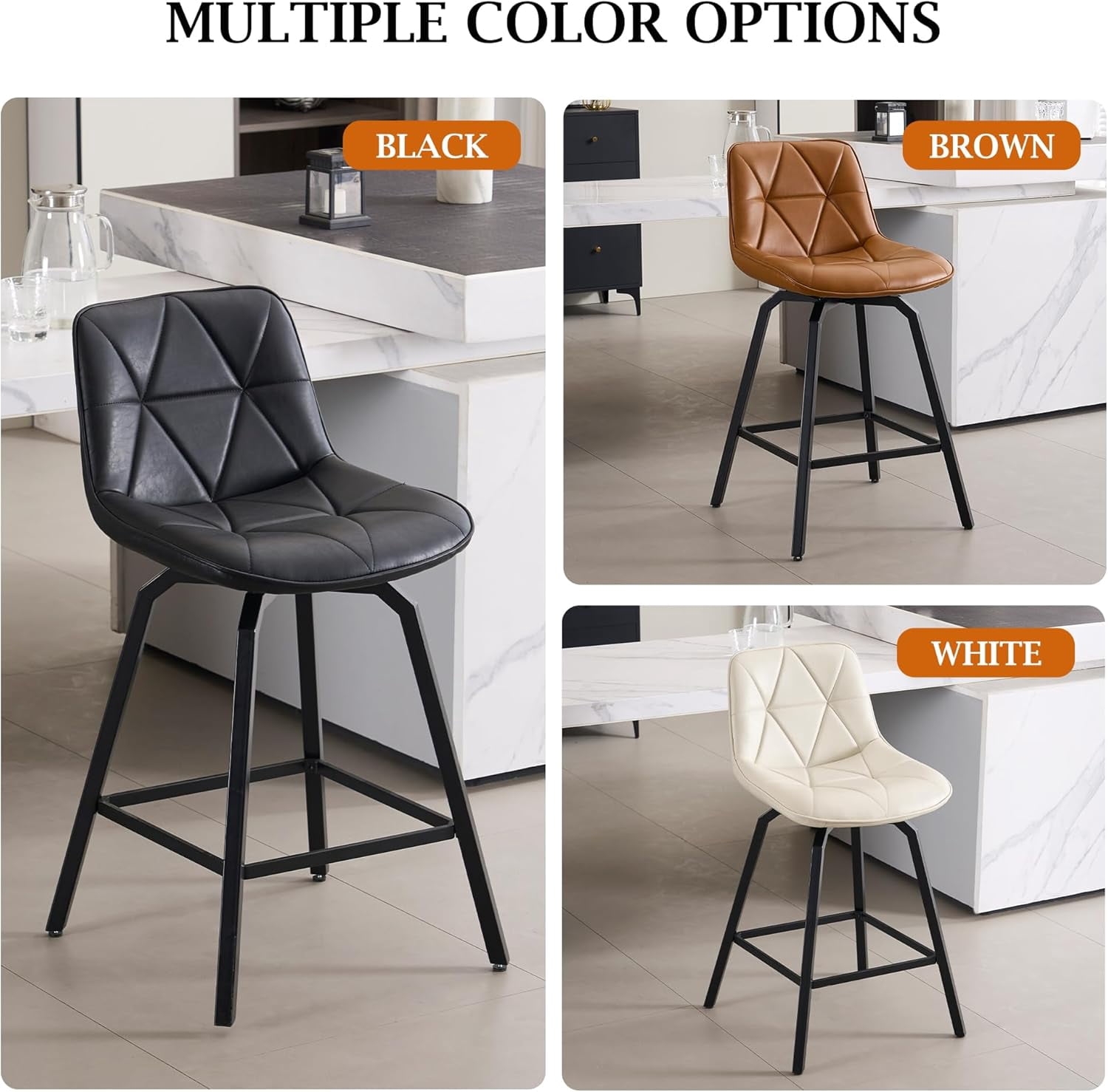 Fancrou 26″ Swivel Counter Height Bar Stools Set Of 3, Triangular Pattern Faux Leather Seat With Metal Legs And Back, Retro Black