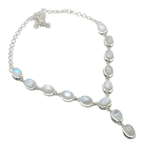 Moonstone Gemstone Necklace Handmade Beautiful Necklace Natural Oval Cushion Blue Flashy Rainbow Moonstone 925 Sterling Silver Plated Jewelry 22 Inch Adjustable Necklace