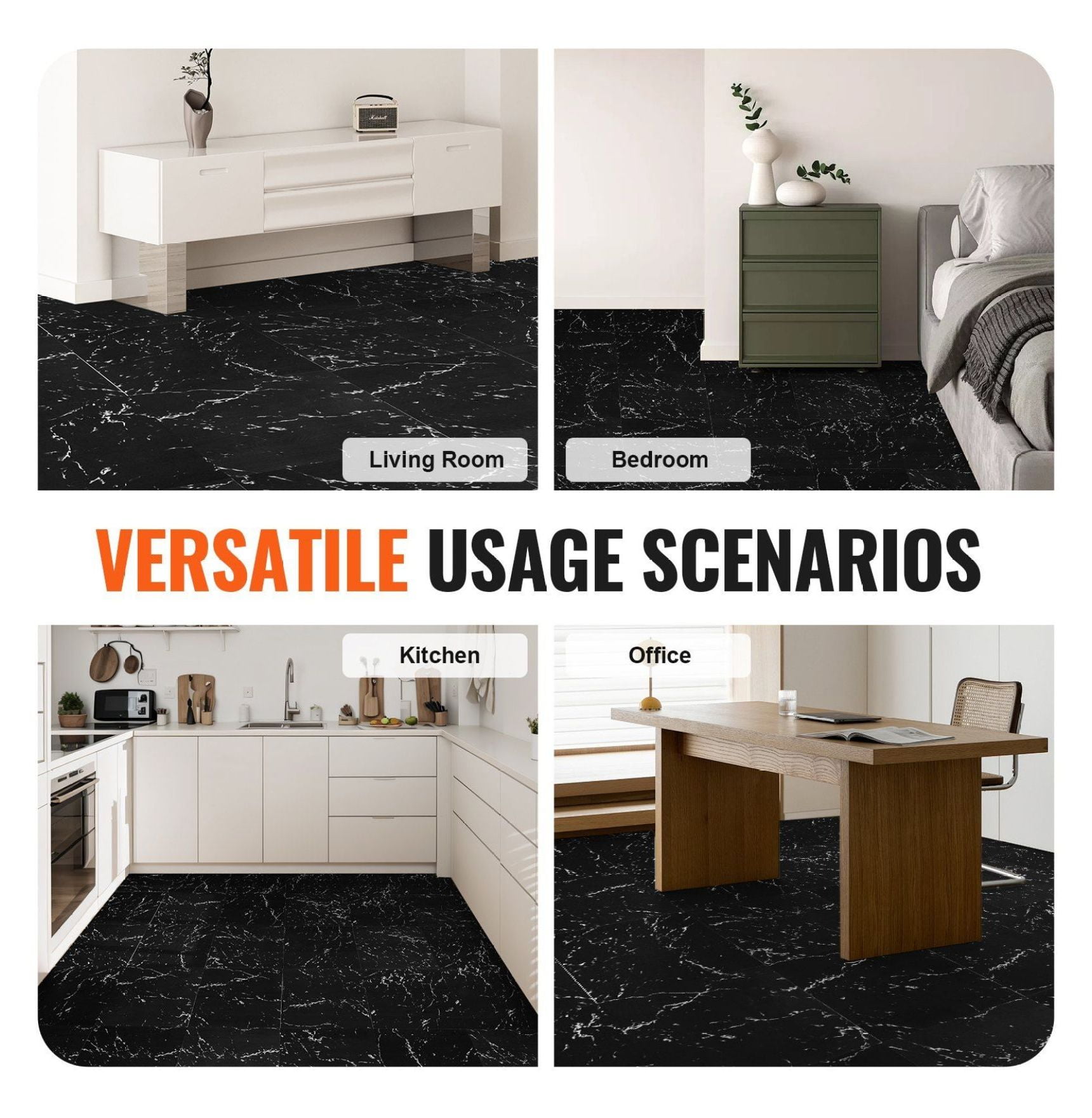Peel and Stick Floor Tiles 12x12, 50 Pack Black Marble Vinyl Flooring, 1.5mm Thick Self Adhesive Tiles for Kitchen, Bathroom, Bedroom DIY Home Decor
