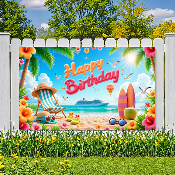 Tropical Theme Banner Beach Design Seaside Scene Birthday Decor for Summer Celebration Birthday Party Indoor Decoration