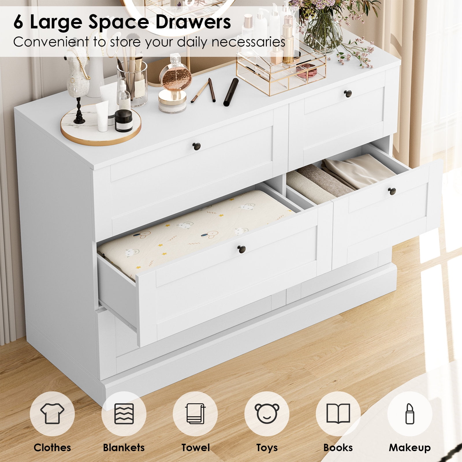 Homfa 6 Drawer White Dresser for Bedroom, Wood Chest of Drawers, Storage Cabinet for Living Room