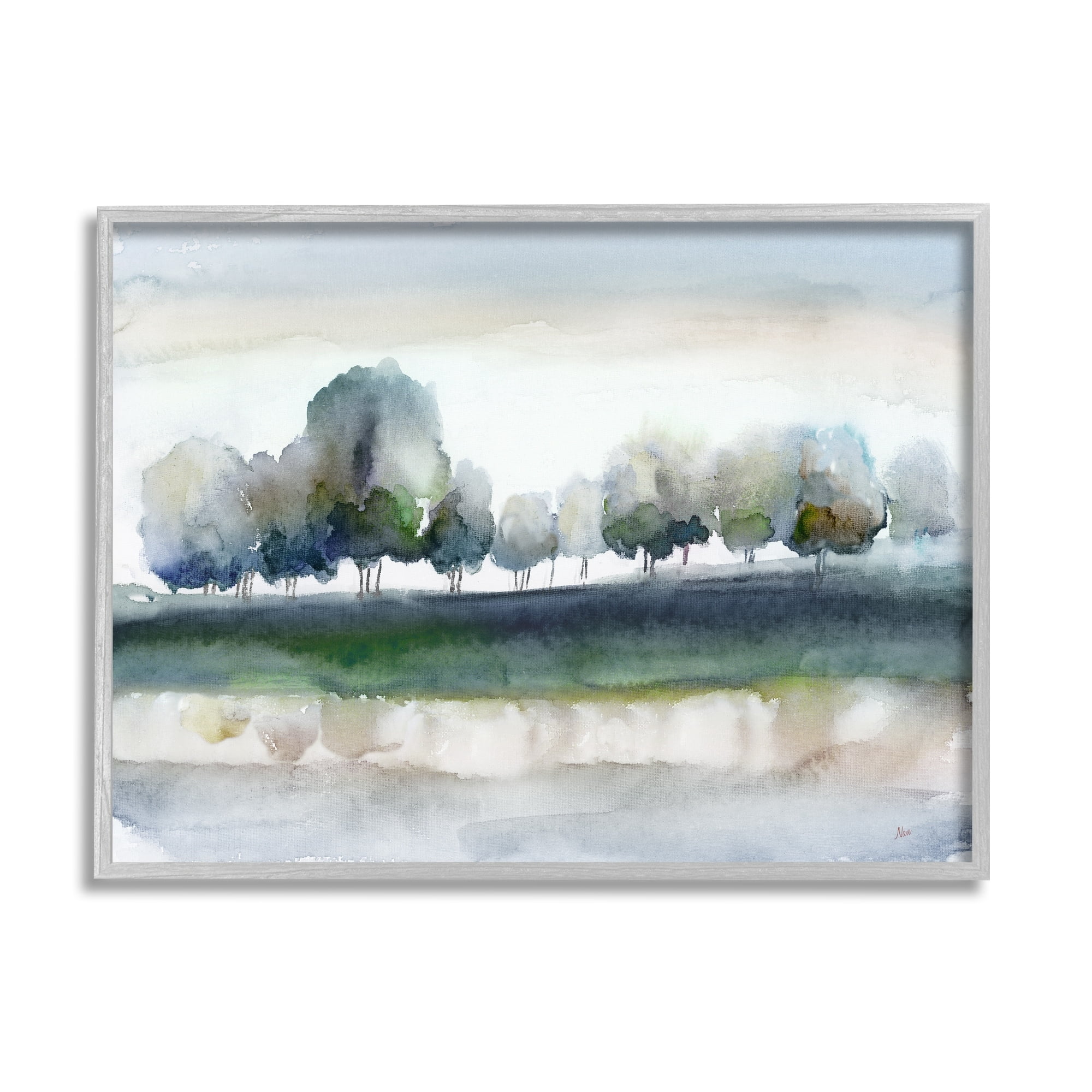 Stupell Industries Tree Orchard Flowing River Watercolor Nature Scene Painting Gray Framed Art Print Wall Art, Design by Nan