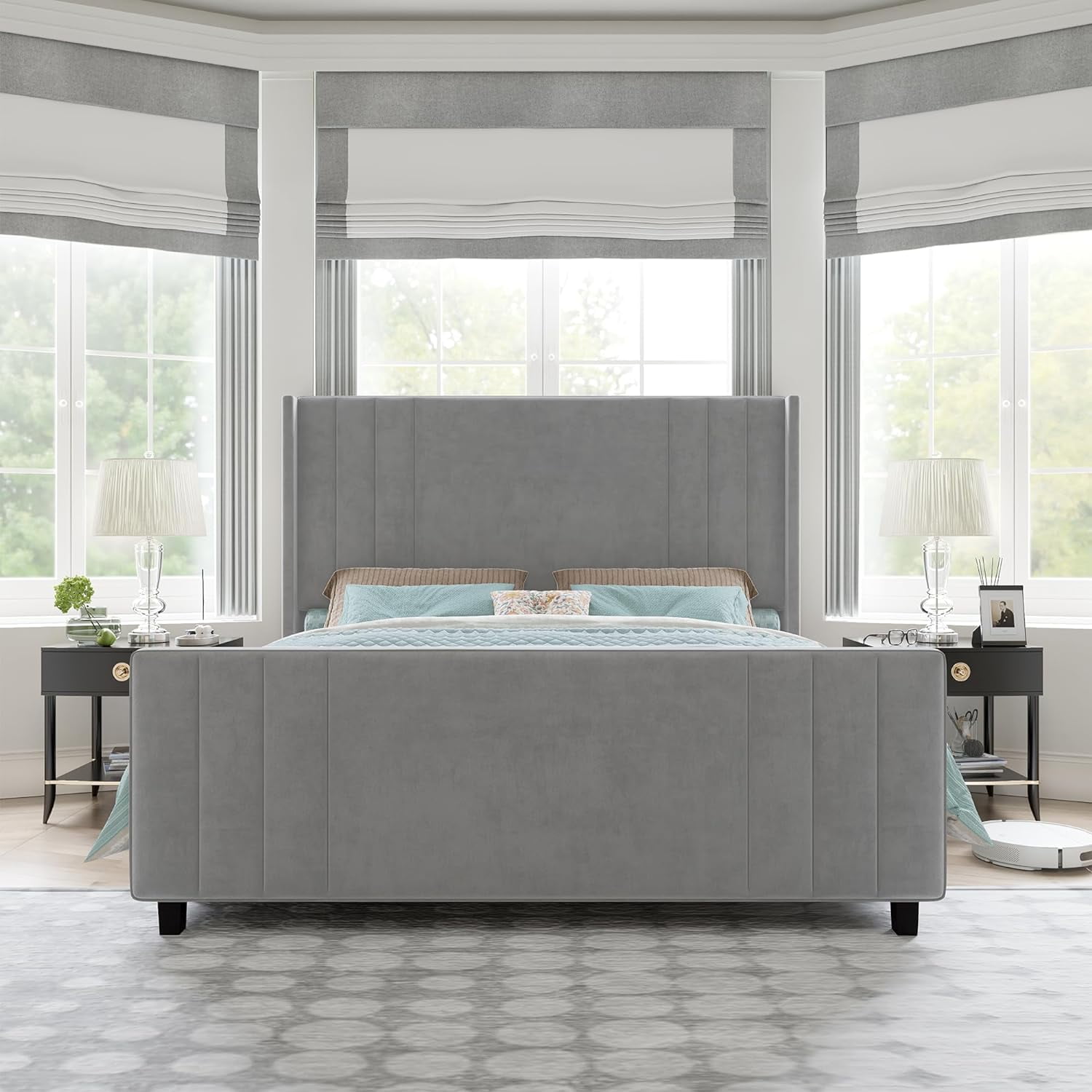 VANACC Velvet Upholstered King Size Bed Frame with Headboard & Footboard/Wingback for Adult Grey