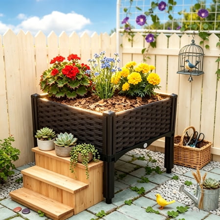 Raised Garden Bed Planter with Legs, Self-Watering Elevated Planter Box, Durable Plastic Outdoor Tall Planter for Flowers Vegetables Herbs, Easy Assembly