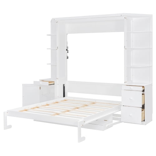 Queen Murphy Bed with Desk, Hidden Workstation, Storage Shelves & Cabinets, Wall Bed with Lights, White