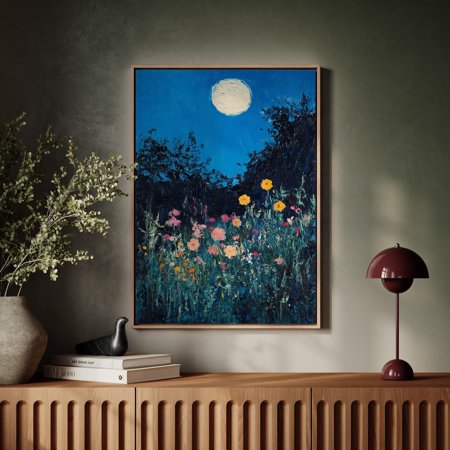 Moonlit Wildflower Art - Vibrant Night Sky With Blooming Garden - Serene Nature Painting For Home Or Bedroom Wall Decor Wall Art Modern Wall Decor 8x12 UNFRAMED