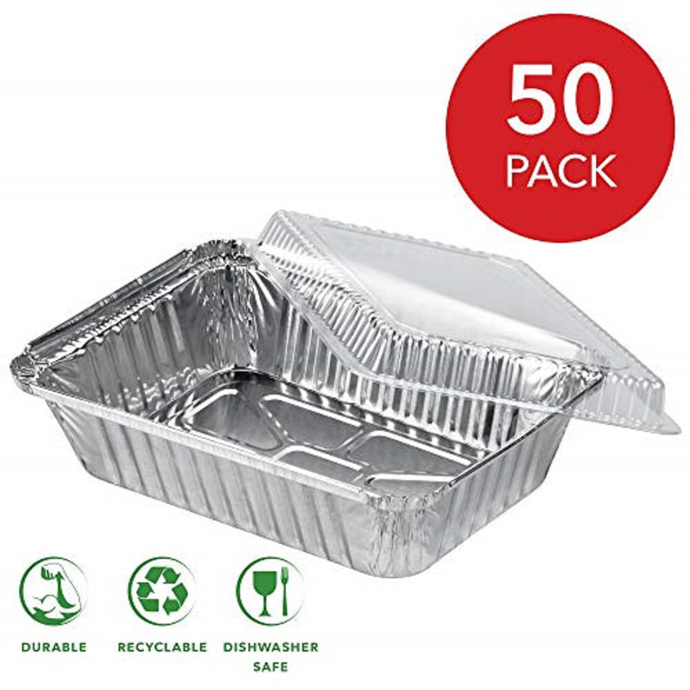 Pack of 50 Sets Pactogo 2 lb Oblong Aluminum Foil Take-Out Pan with Clear Dome Lid Disposable Containers 8.44 x 5.94 x 1.75 