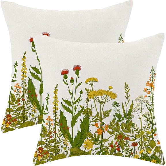 Yellow and Green Pillow Covers 20x20 Inch Set of 2, Spring Wildflower Plant Throw Pillows Case,Seasonal Floral Outdoor Decorative Flowers Farmhouse Decor Cushion Covers for Home Sofa Bed Couch