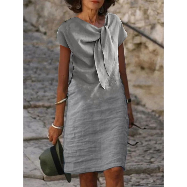 Robe Vintage en Coton et Lin Vêtements pour Femmes Été Décontractée à Lacets Col Rond Chic Tuniques Mode Midi Bleu Blanc Robes Vestidos