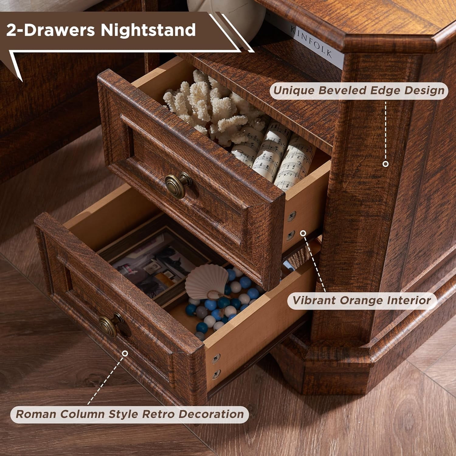 OKD 2-Drawer Nightstand with Charging Station, Farmhouse End Table with USB Ports for Living Room or Guest Room, Reclaimed Barnwood