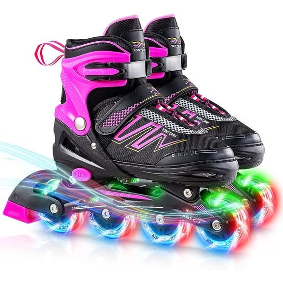 Hiboy Adjustable Inline Skates with All Light up Wheels, Outdoor & Indoor Illuminating Roller Skates for Boys, Girls, Beginners (Pink-Medium-Big Kids 1Y-4Y)