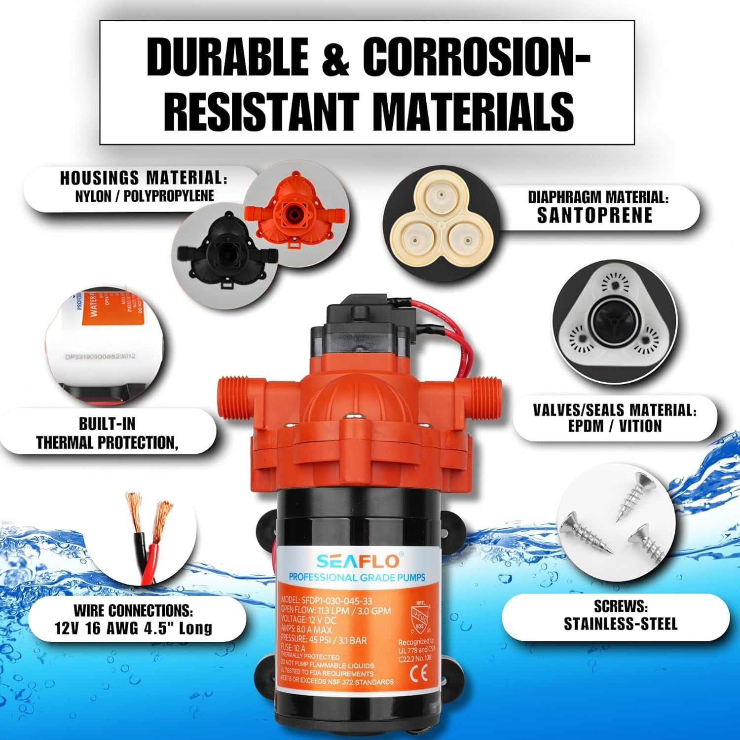 SEAFLO 33 Series DC Diaphragm Pump – 4-Year Warranty! 12V, 3.0 GPM, 45 PSI, Self-Priming, Run Dry Safe, Built-In Pressure Switch | Ideal for Marine, RV, and Water Systems