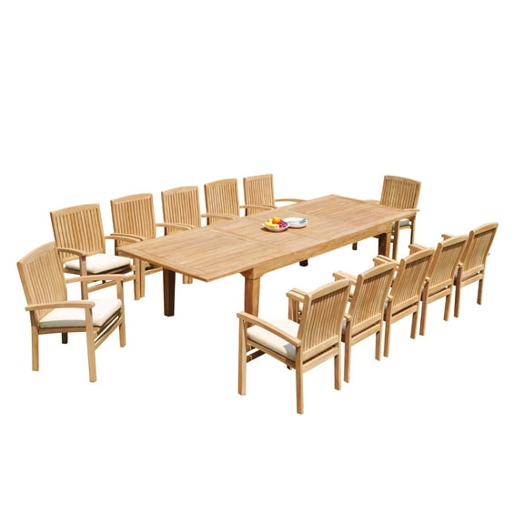 Grade-A Teak Dining Set: 12 Seater 13 Pc: 122" Caranas Rectangle Table And 12 Wave Stacking Arm Chairs Outdoor Patio WholesaleTeak #51WV2913