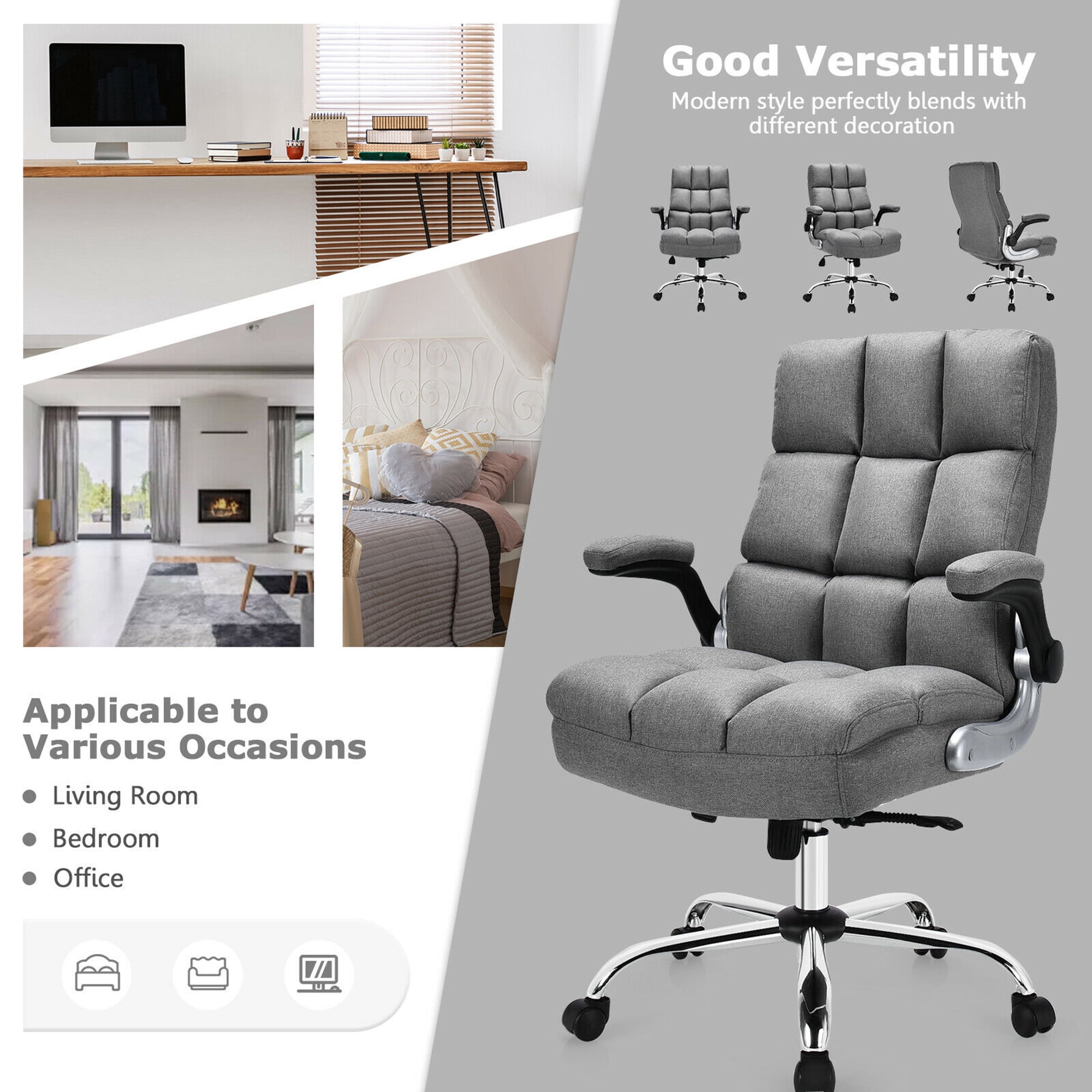 Gymax High Back Big & Tall Office Chair Adjustable Swivel w/Flip-up Arm Grey