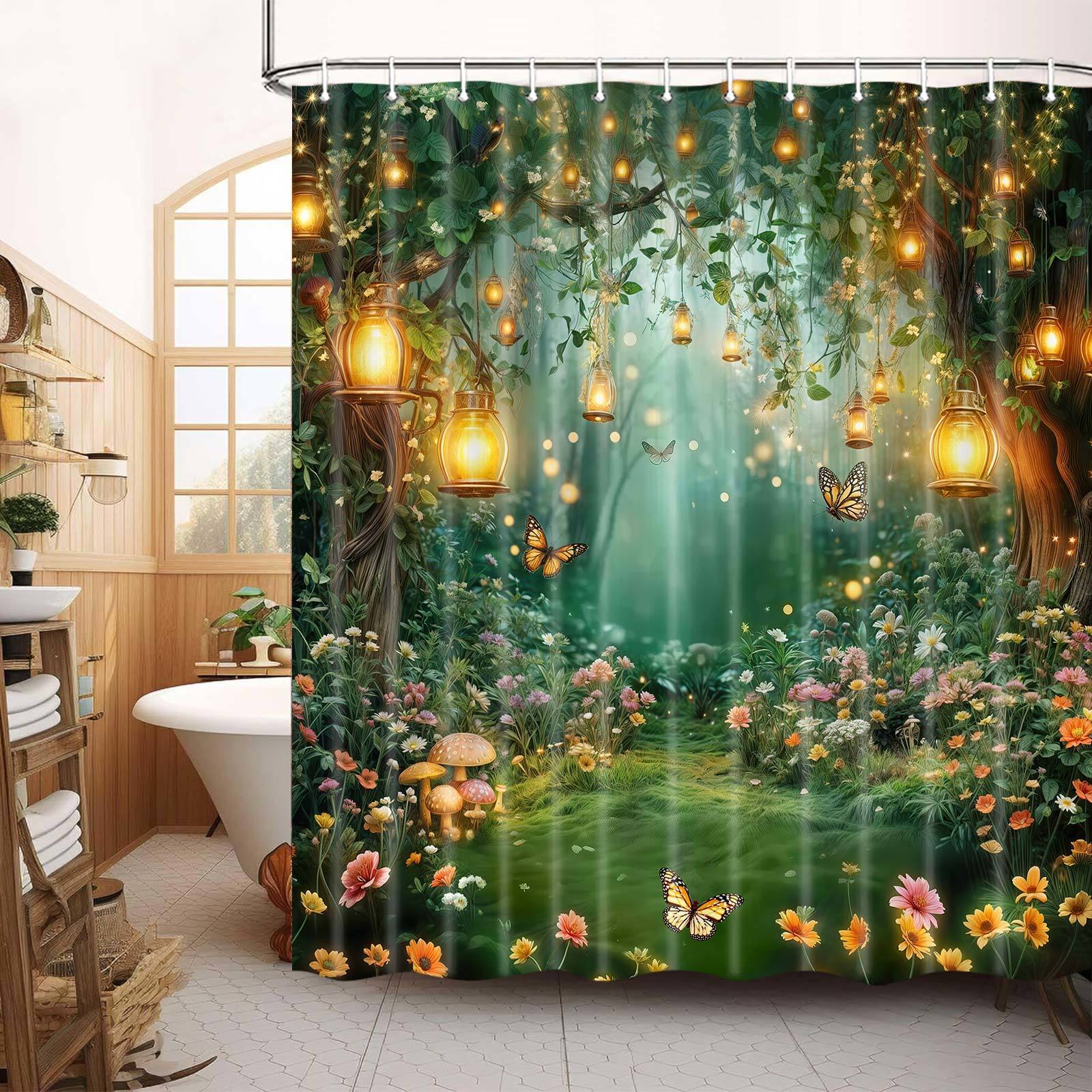 Spring Enchanted Forest Shower Curtain, Fairy Tale Wonderland Garden Shower Curtains Set for Bathroom, Mushroom Butterfly Woodland Fairy Fabric Bath Curtain with Hooks, 69X70IN