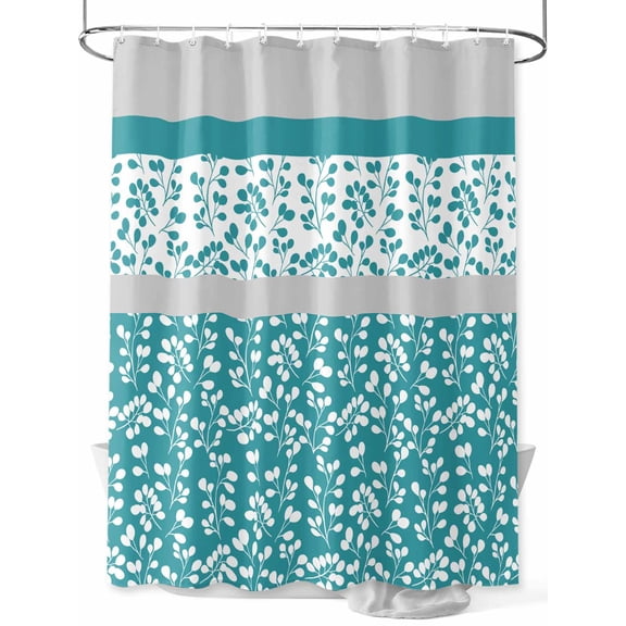 Fsddascl Teal Floral Shower Curtain Set - Extra Long 72" x 96" Washable Bathtub Curtain with 12 Hooks, Botanical Blossom Motif Boho Grey Stripes Waterproof Fabric Stall Shower Curtains for Bathroom