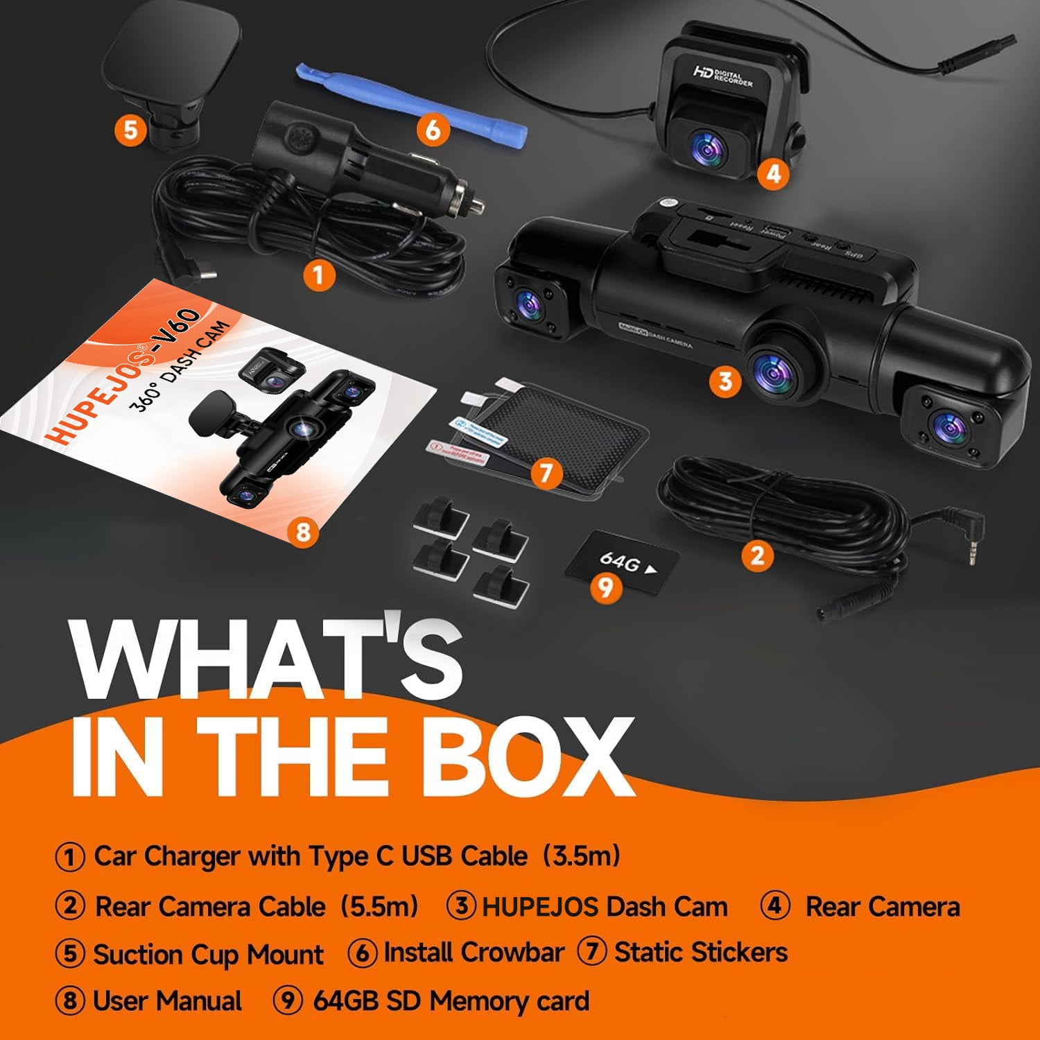 HUPEJOS GPS Dash Cam Front and Rear, 360° 4K Dash Camera with WiFi