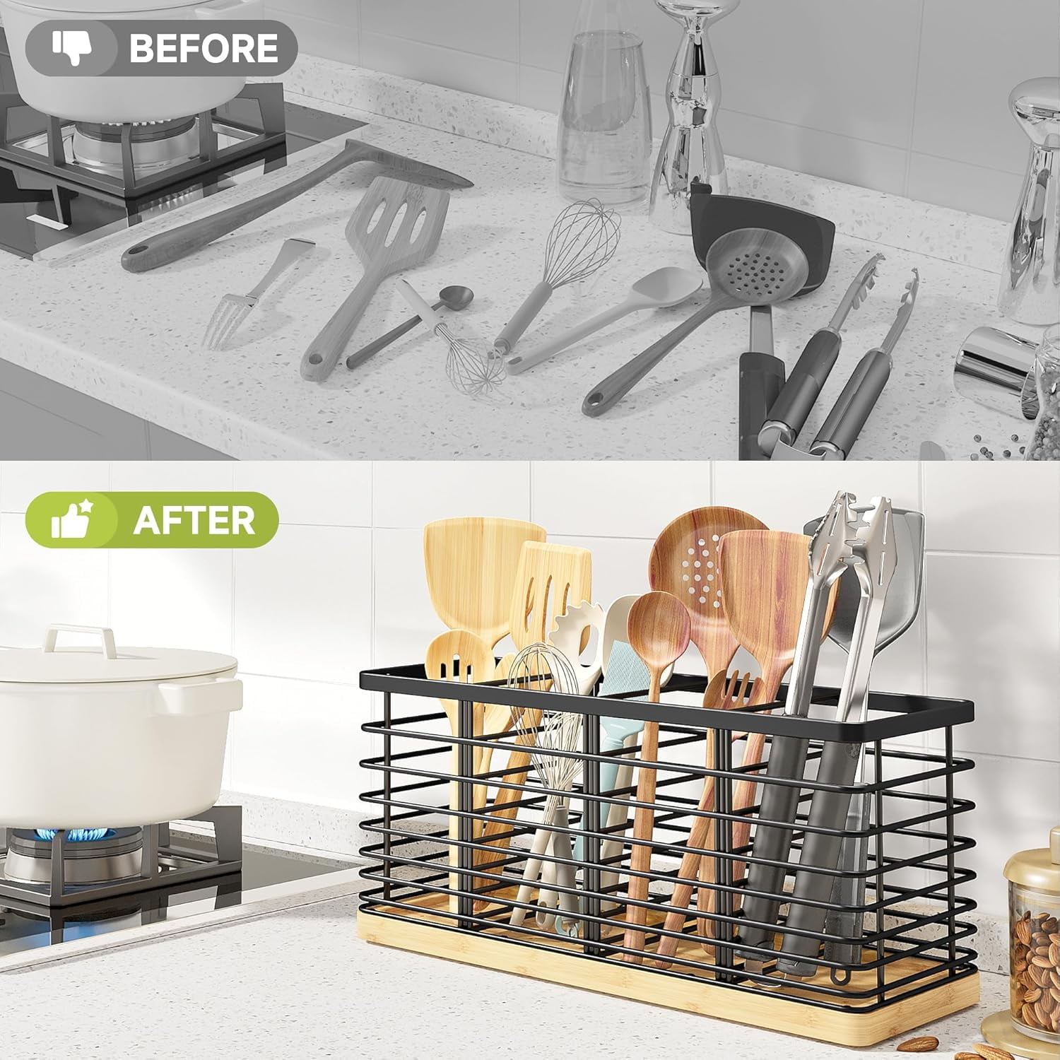 HBlife Kitchen Counter Utensil Holder with Bamboo Base, Matte Black, 4-Compartment Kitchen Utensil Organizers