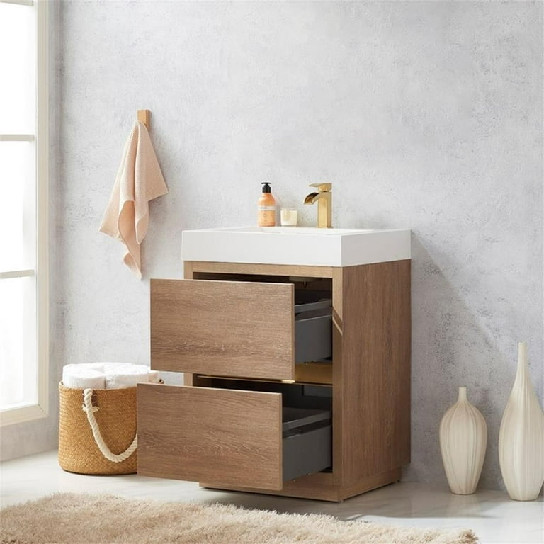Vinnova Huesca 24 Single Sink Bath Vanity in North American Oak with White Composite Integral Square Sink Top
