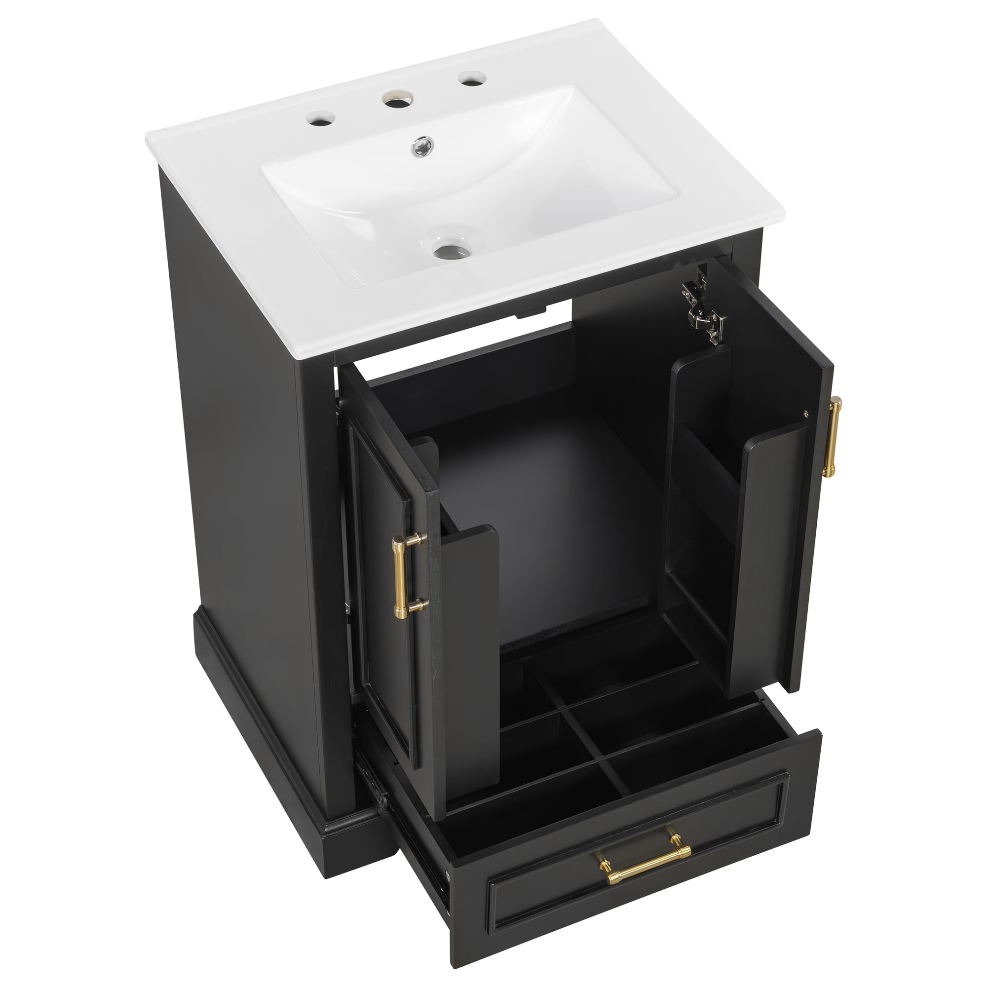 viswild 24" Bathroom Vanity with Sink, Freestanding Cabinet with Divided Drawer & Soft Close Doors, Door Storage Racks, Solid Wood Frame, Black