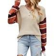 thumbnail image 3 of Xuanfei Women Contrast Color V Neck Button Down Spliced Long Sleeve Knit Sweater, 3 of 7
