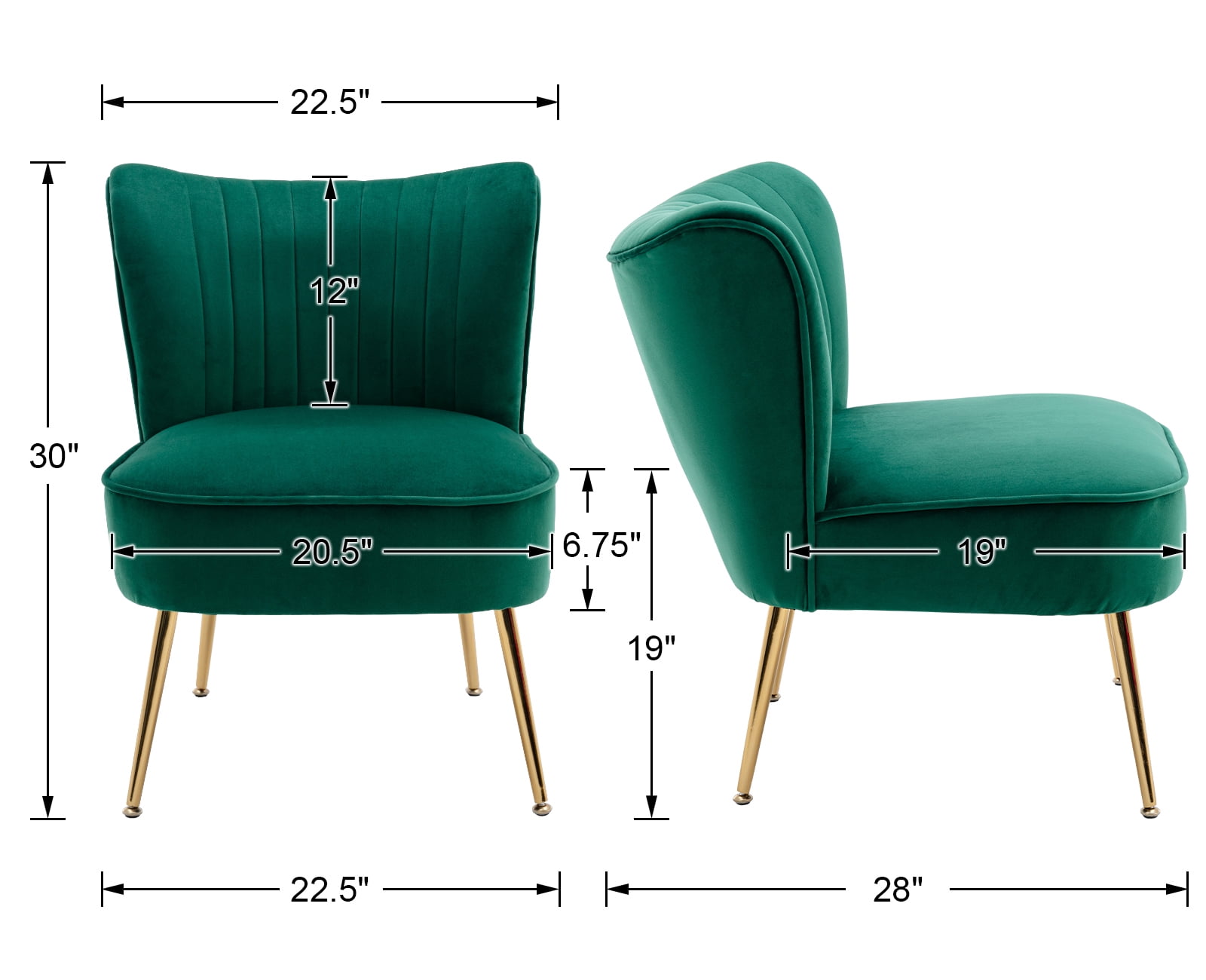 Guyou Modern Accent Chair Set of 2, Armless Slipper Chair Velvet Upholstered Lounge Chair, Wingback Large Single Sofa Side Chair with Gold Legs for Living Room Bedroom, Green