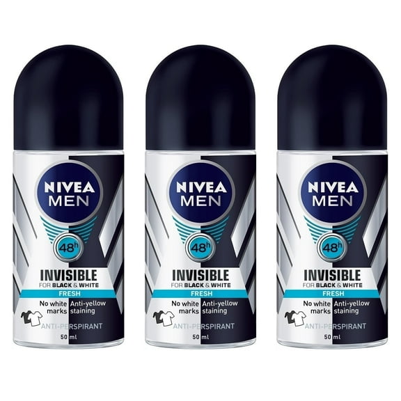 (Pack of 3 Bottles) Nivea INVISIBLE FOR BLACK & WHITE FRESH Scent Men's Roll On Anti-perspirant Deodorant (Pack of 3 Bottles, 1.7oz / 50ml Each Bottle)