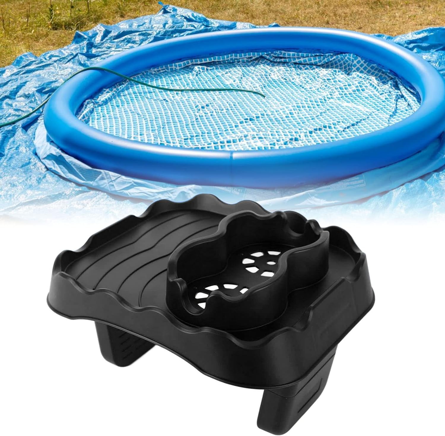 SkyAuks Foldable Hot Tub Side Table with 2 Cup Holders, Black