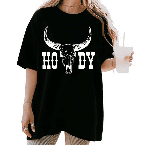 UNISHE Women's Longhorn Skull Howdy Western Cowgirl Minimalist Print Short Sleeve T-shirt Relaxed Fit