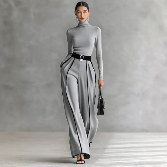 Womens Sexy 2 Pieces Turtleneck Tops Bodycon Belted Wide Leg Pants Set Color Block Fall Business Office Party Clubwear Tracksuit Outfits Soft Breathable Polyester Lounge Set for Commuting Daily Wear