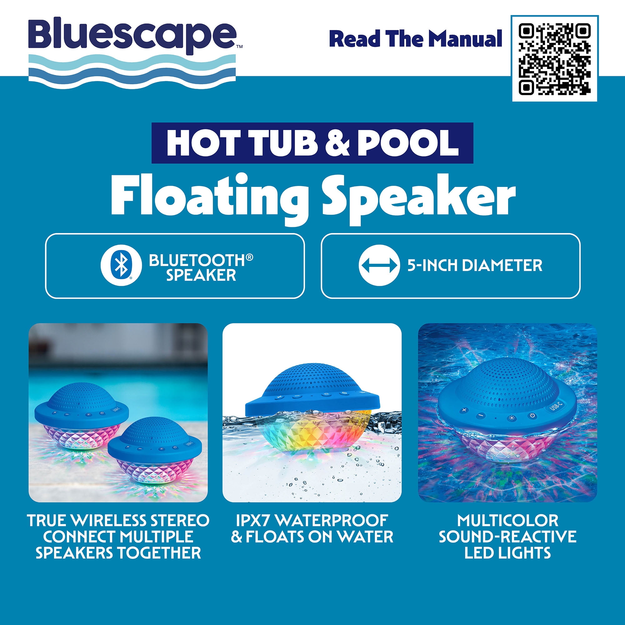 Bluescape Floating Bluetooth Speaker – IPX7 Waterproof, LED Light Show, FM Radio, 6-Hr Playtime, True Wireless Stereo, for Hot Tubs, Pools & Beach