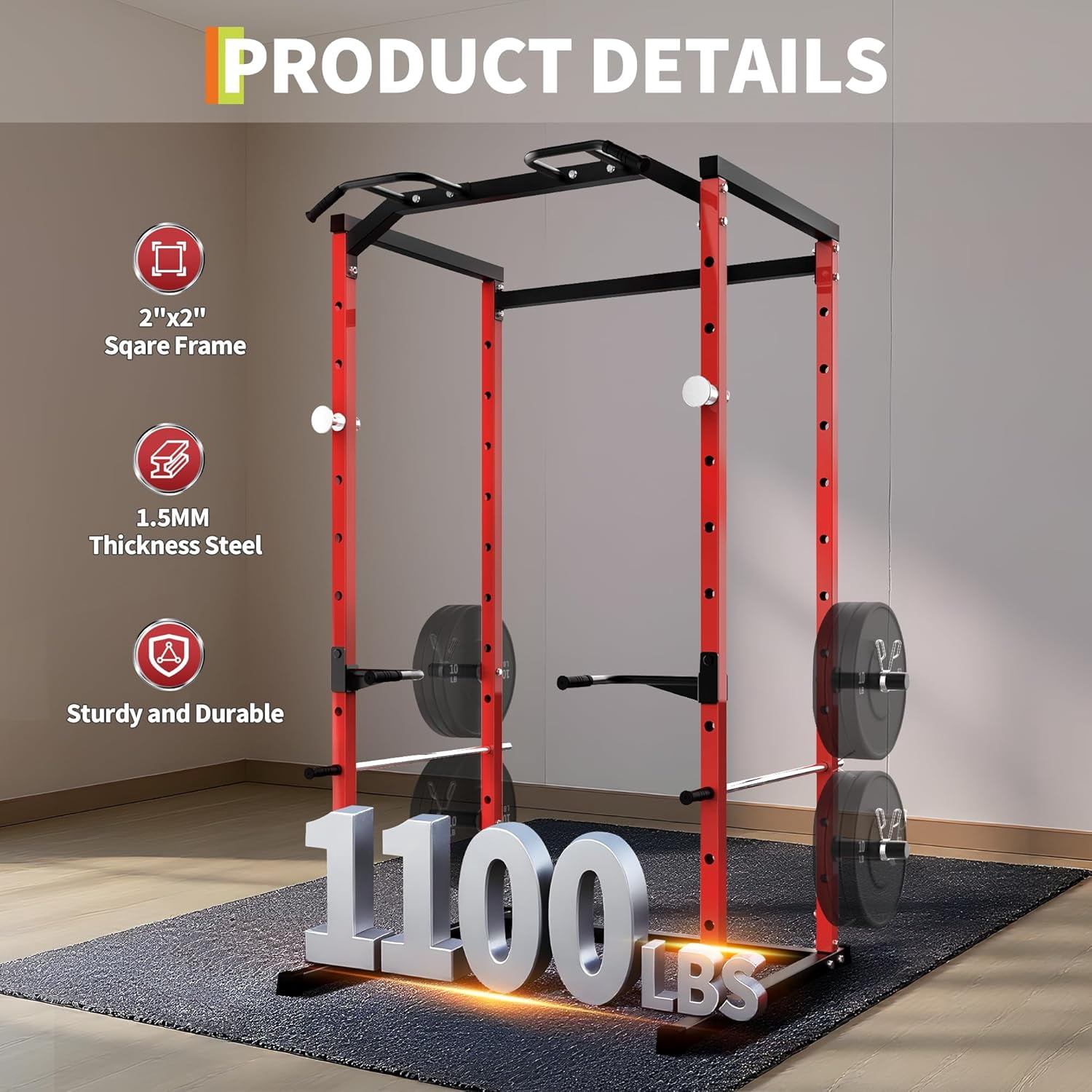Heavy Duty Multi-Function Power Cage Squat Rack – 1100LB Capacity with Pull-Up Bar, Adjustable Safety Bars, Bench Press Rack for Home Gym Strength Training