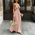 thumbnail image 5 of FAVIPT Summer Sleeveless Dresses for Women Stripes Print Cocktail Party Sundress Deep V Neck Halter Backless Smocked Dress Orange,XL, 5 of 8