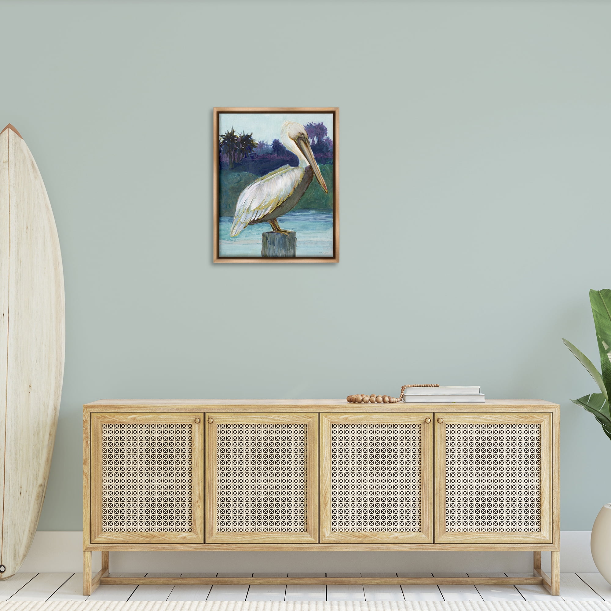 Stupell Industries Tropical Pelican Perched Animals & Insects Painting Brown Floater Framed Canvas Art Print Wall Art, 25 x 31