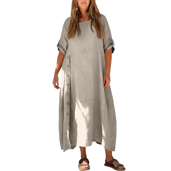 LWavelet Women's Plus Size Lounge Maxi Dress Long Sleeve Crew Neck Soft Comfy Casual Nightgown Gray 4XL